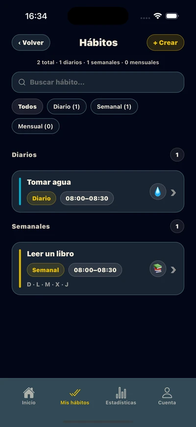 Pantalla de Mis hábitos - Lista de hábitos diarios y semanales organizados