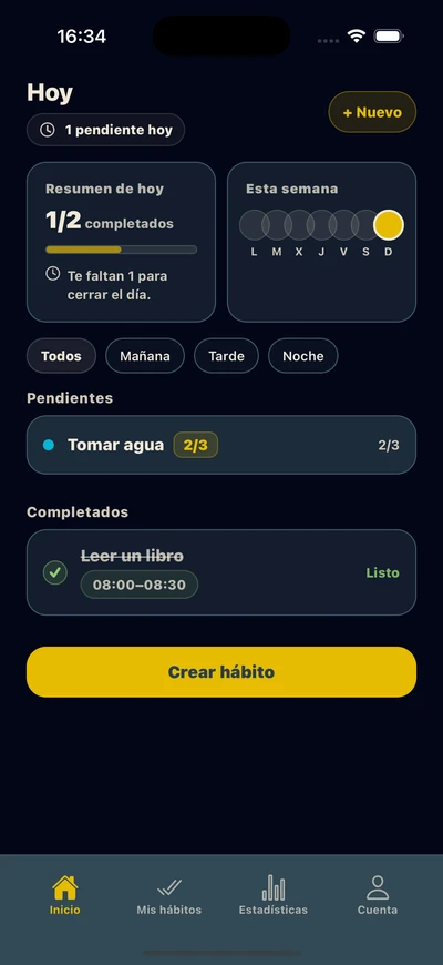 Pantalla de inicio de Dayloop - Hábitos pendientes, resumen del día y lista de tareas